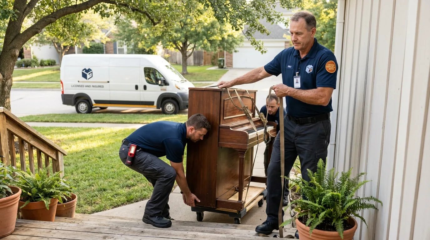 Licensed piano movers securing grand piano in Westby, WI