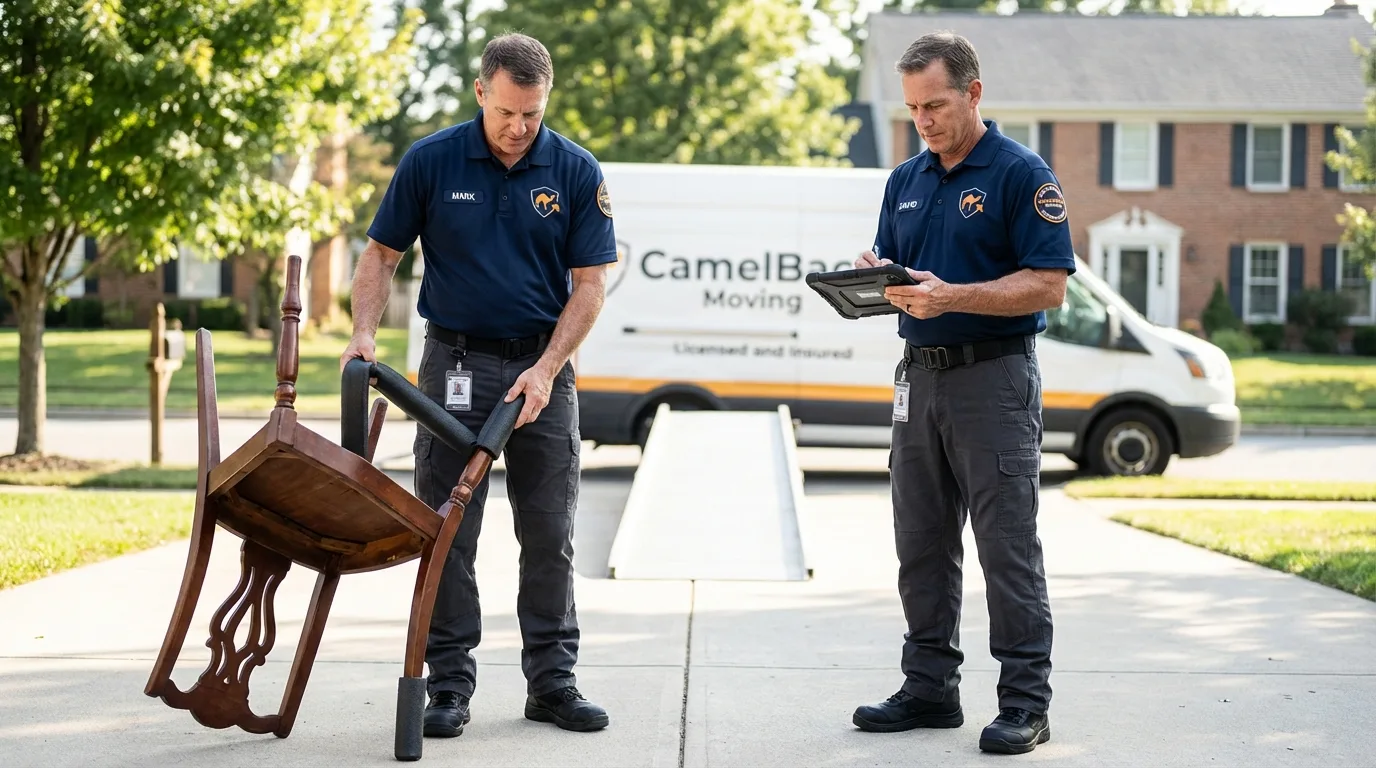 Movers inspecting furniture for damage prevention before loading in Westby, WI