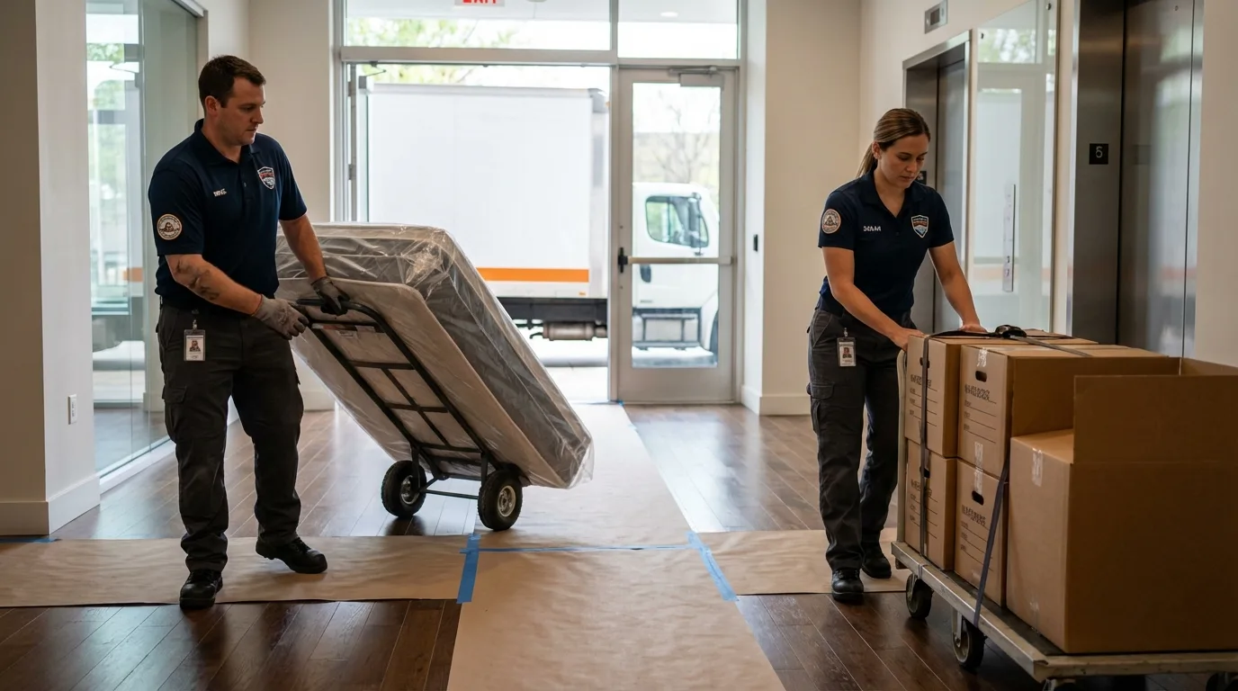 Professional apartment movers loading elevator in Westby, WI